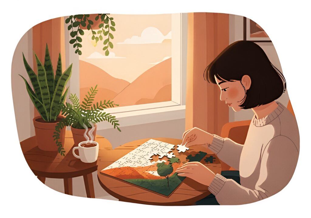 why puzzling is the new meditation_woman assembling a jigsaw puzzle