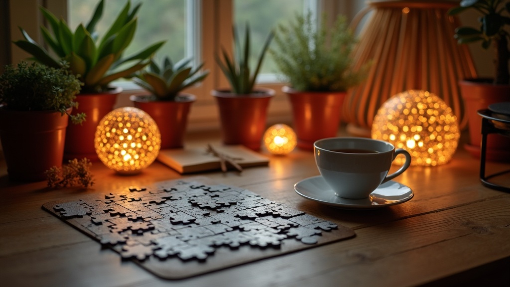 A peaceful tabletop scene with a partially completed jigsaw puzzle, soft lighting, plants, tea mug, and gentle background music ambiance.