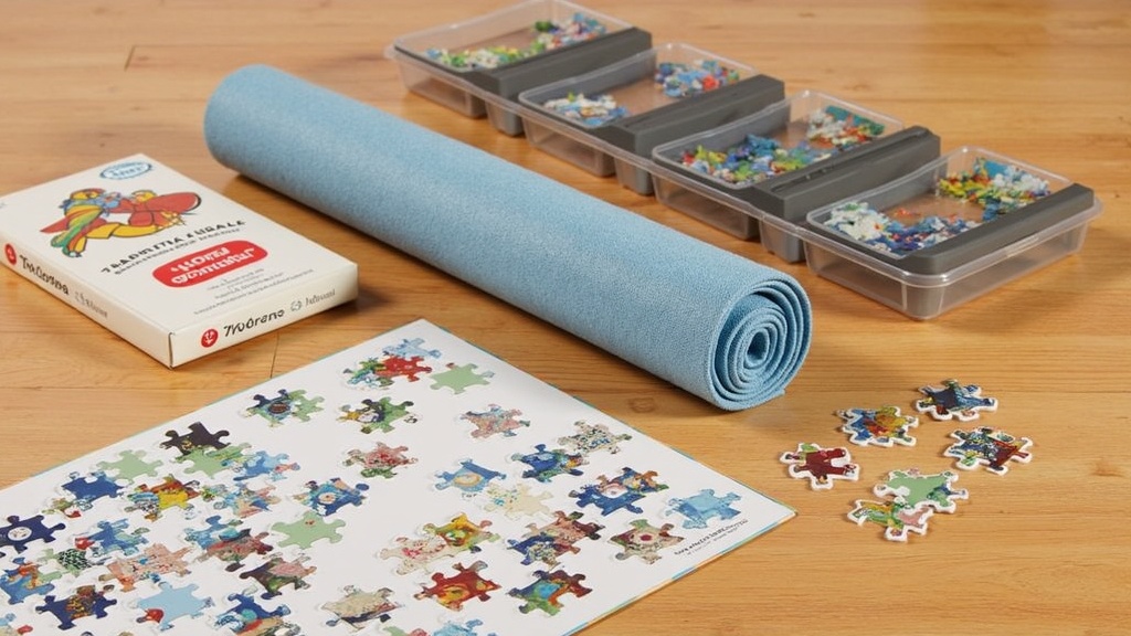 Assorted jigsaw puzzle accessories including a mat roll up, storage trays, and glue, arranged on a wooden table with a partially completed puzzle.