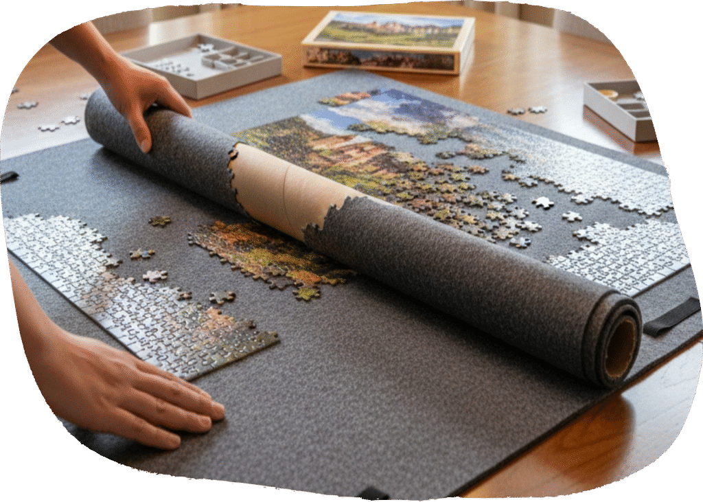 puzzle pieces on a rolled up mat