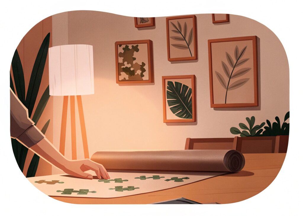 puzzle pieces on a rolled up mat