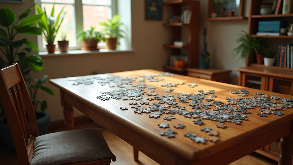 A cozy puzzle nook with a soft chair, wooden table, puzzle pieces, and ambient lighting, surrounded by books and plants.