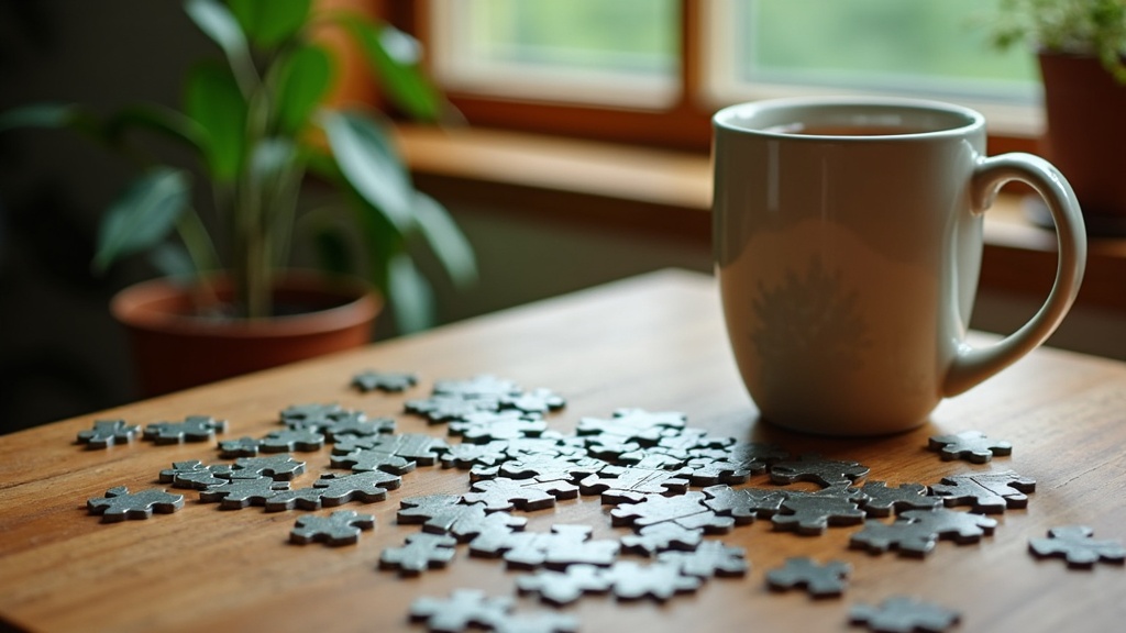 A cozy table with a partially completed jigsaw puzzle, scattered puzzle pieces, a mug of tea, and a window showing greenery outside.