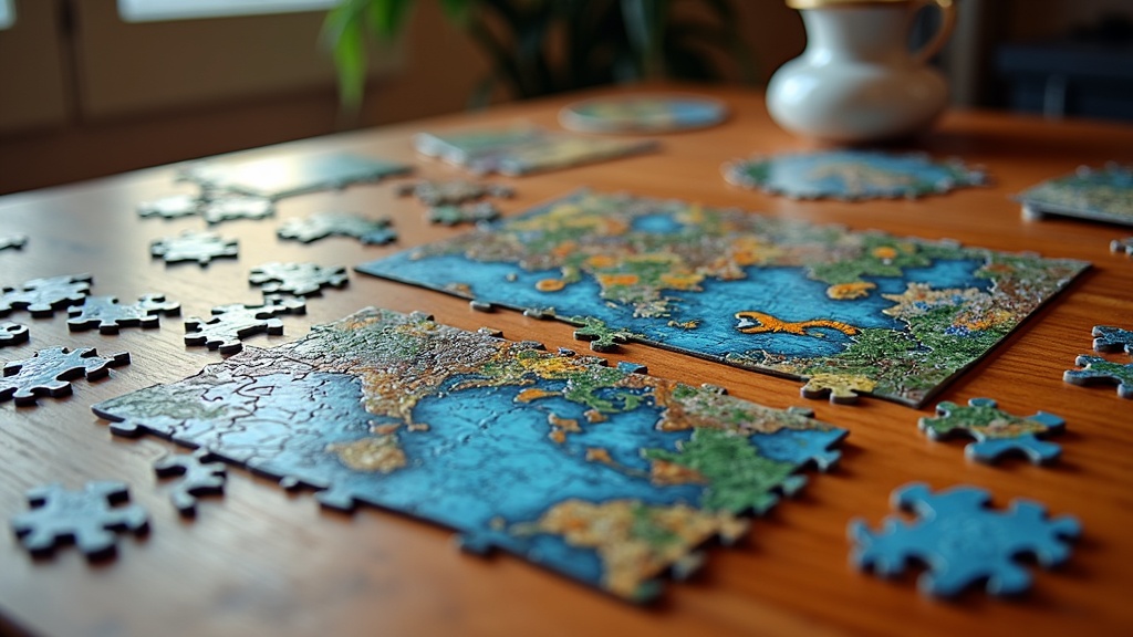 A selection of Ravensburger adult puzzles assembled on a wooden table, with vibrant colors and intricate details
